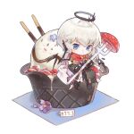 1boy arknights bishounen blue_eyes chibi executor_(arknights) food fork full_body halo highres holding holding_fork ice_cream mechanical_halo pocky red_scarf scarf short_hair simple_background solo white_background white_hair zihongxinyue 