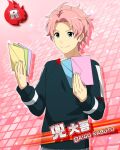  1boy ahoge black_shirt blue_eyes card_(medium) character_name envelope fingernails holding holding_envelope idolmaster idolmaster_side-m kabuto_daigo long_sleeves male_focus official_art pink_background pink_hair shirt smile solo 