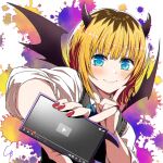  1girl 4b-enpitsu :3 black_sweater_vest blonde_hair blue_bow blue_bowtie blue_eyes blush bow bowtie cellphone chromatic_aberration collared_shirt commentary demon_horns demon_wings film_grain finger_to_cheek highres holding holding_phone horns looking_at_viewer medium_hair memcho nail_polish no_pupils oshi_no_ko phone red_nails shirt signature smartphone smile solo sweater_vest upper_body white_shirt wings 