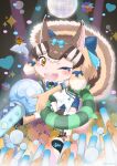  1girl acorn animal_ears boots brown_eyes brown_hair chipmunk_ears chipmunk_girl chipmunk_tail elbow_gloves extra_ears gloves highres kemono_friends kemono_friends_v_project kneehighs looking_at_viewer microphone one_eye_closed open_mouth ribbon saival_cat shirt short_hair shorts siberian_chipmunk_(kemono_friends) sleeveless sleeveless_shirt socks tail vest virtual_youtuber 