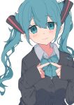  1girl absurdres blue_eyes blue_hair blush bow bowtie cardigan collared_shirt frown hair_ornament hatsune_miku highres index_fingers_together long_hair long_sleeves looking_at_viewer nail_polish nbjdnhgfm school_uniform shirt sleeves_past_wrists solo twintails upper_body vocaloid 