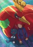  1boy arutarika_(ri_kaoekaki) bird clenched_hand closed_eyes closed_mouth commentary_request day from_above grass highres ho-oh jacket long_hair long_sleeves male_focus outdoors pants pokemon pokemon_(creature) pokemon_(game) pokemon_hgss redhead silver_(pokemon) sneasel 