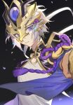  1boy aleo commentary fate/grand_order fate_(series) grey_hair high_collar highres horns male_focus mask parted_lips petals prince_of_lan_ling_(fate) short_hair sideways_glance solo tagme upper_body violet_eyes 