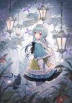  1girl absurdres blue_capelet blue_hair blurry blurry_foreground braid capelet cat crown_braid flower forest from_behind hair_ribbon hanging_lantern highres lantern long_hair long_sleeves looking_at_viewer looking_back low_twintails nature original pantyhose rabbit_tail red_eyes ribbon shiroraku tail tree twintails white_pantyhose 