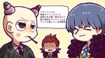  &gt;_&lt; 3boys anger_vein bald black_jacket black_necktie black_vest blue_hair blue_necktie closed_eyes closed_mouth commentary_request employee_(lobotomy_corporation) fur-trimmed_jacket fur_trim grey_shirt half-closed_eyes hatake_shimeji jacket lobotomy_corporation male_focus multiple_boys necktie open_mouth outline project_moon redhead shaded_face shirt short_hair simple_background smile sweat translation_request vest white_outline yellow_background 