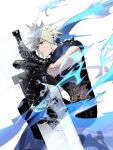  1boy armor baggy_pants belt blonde_hair blue_eyes boots buster_sword closed_mouth cloud_strife cofffee final_fantasy final_fantasy_vii final_fantasy_vii_remake gloves holding holding_sword holding_weapon huge_weapon looking_to_the_side male_focus multiple_belts on_one_knee pants ribbed_sweater short_hair shoulder_armor sleeveless sleeveless_turtleneck solo spiky_hair suspenders sweater sword toned toned_male turtleneck turtleneck_sweater weapon white_background 