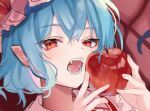  apple blue_hair commentary_request fangs food fruit holding holding_food holding_fruit looking_at_viewer open_mouth pointy_ears red_apple red_eyes remilia_scarlet short_hair touhou usushio 
