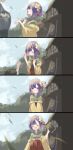 1boy 1girl 2others ^_^ blush closed_eyes extra facing_another falling_leaves floating_hair flower hair_flower hair_ornament hieda_no_akyuu highres leaf looking_at_viewer multiple_others natomaki outdoors purple_hair smile solo_focus time_lapse touhou waving 