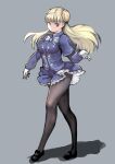  1girl blonde_hair blue_coat blue_skirt capcom_fighting_jam coat commentary_request gloves grey_background hairpods highres ingrid_(capcom) johan_(johan13) long_hair mary_janes pantyhose petticoat red_eyes shoes skirt solo white_gloves 