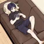  1boy alternate_costume barefoot bishounen black_shirt carotinoid001 cellphone couch from_above full_body genshin_impact holding holding_phone knee_up lying male_focus phone purple_hair scaramouche_(genshin_impact) shirt short_hair shorts smartphone solo thighs toenails toes violet_eyes wanderer_(genshin_impact) 
