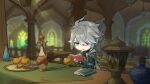  1boy ahoge alhaitham_(genshin_impact) aqua_eyes black_pants blurry blurry_background book bridal_gauntlets chibi commentary cup english_commentary genshin_impact grey_hair hair_over_one_eye highres holding holding_book indoors looking_at_object male_focus no_mouth official_art pants reading short_hair solo symbol-shaped_pupils vision_(genshin_impact) 