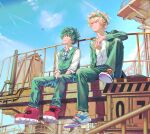  2boys aircraft airplane alternate_universe arm_on_knee arm_rest artist_name bakugou_katsuki balcony belt between_legs blonde_hair blue_belt blue_sky blue_stripes blurry blurry_background blurry_foreground boku_no_hero_academia buttons cable closed_mouth clouds collared_shirt contrail crane_(machine) cross-laced_footwear dated_commentary dress_shirt eyes_visible_through_hair film_grain fingernails floating_necktie foot_dangle freckles frown full_body goggles goggles_on_head green_eyes green_hair green_jacket green_pants green_vest hair_between_eyes hand_between_legs jacket knee_up lapels light long_sleeves looking_ahead looking_up male_focus midoriya_izuku milmil_(wa_ten&#039;nendesu) multicolored_footwear multiple_boys necktie notched_lapels object_request official_alternate_costume open_clothes open_collar open_jacket outdoors pants railing red_eyes red_footwear rust sanpaku shadow shirt shoe_soles shoes short_hair side-by-side sideways_mouth sign sitting sky sleeves_past_elbows sleeves_rolled_up smile sneakers spiky_hair split_mouth striped_necktie sunlight thigh_pouch thigh_strap v_arms vest warning_sign white_shirt wing_collar 