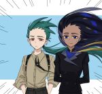  2girls aqua_background black_hair black_jacket black_necktie black_pants blue_eyes blue_shirt bright_pupils buttons closed_mouth collared_shirt commentary_request dark-skinned_female dark_skin earrings emphasis_lines eyelashes floating_hair geeta_(pokemon) green_hair highres jacket jewelry long_hair molingxiang_chimangguo multiple_girls neck_ribbon necktie pants pokemon pokemon_(game) pokemon_sv ponytail red_eyes ribbon rika_(pokemon) shirt smile suspenders white_pupils yellow_ribbon 