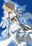  1girl absurdres bare_shoulders blonde_hair blue_sky breasts closed_mouth clouds cloudy_sky commentary cowboy_shot dress expressionless flower genshin_impact hair_flower hair_ornament highres holding holding_sword holding_weapon lrig0 lumine_(genshin_impact) medium_breasts off-shoulder_dress off_shoulder scarf short_hair short_hair_with_long_locks sky solo sword thigh-highs weapon white_dress white_scarf white_thighhighs yellow_eyes zettai_ryouiki 