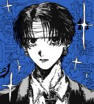  1boy bandaged_head bandages black_hair chrollo_lucilfer earrings formal fukjo_shiro highres hunter_x_hunter jewelry looking_at_viewer male_focus necktie portrait shirt short_hair solo suit upper_body white_shirt 