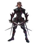  1boy armor black_armor closed_mouth dual_wielding full_armor full_body grandia grandia_iii grey_hair holding holding_sword holding_weapon legs_apart looking_at_viewer male_focus multicolored_hair official_art raven_(grandia) red_eyes redhead simple_background solo standing streaked_hair sword two-tone_hair weapon white_background yoshinari_you 
