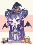  1girl :d bat_wings bell black_footwear black_sleeves blue_eyes blunt_bangs bow candy chibi cone_hair_bun double_bun eyeball fang flower food frilled_skirt frills full_body garter_straps hair_bun hair_flower hair_ornament halloween halloween_costume hands_up hat hat_bow highres holding holding_food jack-o&#039;-lantern_hat_ornament kumu_zaisheng long_hair long_sleeves looking_to_the_side okobo orange_background overskirt purple_bow purple_flower purple_hair purple_jabot purple_shorts purple_skirt shirt short_eyebrows short_shorts shorts skin_fang skirt smile solo spider_web_hair_ornament thigh-highs turtleneck very_long_hair white_shirt white_thighhighs wide_sleeves wings witch_hat xiao_huaxian yellow_background yuji_(xiao_huaxian) 