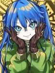  1girl blue_eyes blue_hair brown_gloves closed_mouth facial_mark gloves green_jacket hatsune_miku head_rest jacket long_hair long_sleeves looking_at_viewer matryoshka_(vocaloid) multicolored_eyes smile solo soramame_pikuto twintails vocaloid yellow_background yellow_eyes 