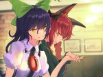  2girls absurdres animal_ear_fluff animal_ears backlighting black_hair blurry blurry_background braid breasts cat_ears chest_jewel commentary_request dress extra_ears frilled_shirt_collar frills from_side green_dress hair_between_eyes hand_up highres interlocked_fingers kaenbyou_rin kiritanpo117 long_hair looking_at_viewer multiple_girls orange_eyes profile puffy_short_sleeves puffy_sleeves redhead reiuji_utsuho short_sleeves sideways_glance signature small_breasts touhou twin_braids upper_body yuri 