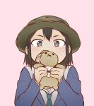  1girl asakusa_midori black_eyes black_hair blazer blue_jacket blue_necktie bucket_hat camouflage close-up covering_mouth eizouken_ni_wa_te_wo_dasu_na! green_headwear hair_between_eyes hat henriiku_(ahemaru) holding holding_stuffed_toy jacket light_blush long_sleeves looking_at_viewer necktie own_hands_together pink_background portrait sailor_collar school_uniform shirt short_hair simple_background solo straight-on stuffed_animal stuffed_rabbit stuffed_toy upper_body w_arms white_sailor_collar white_shirt 