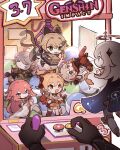 2boys 4girls absurdres alhaitham_(genshin_impact) animal_ears blonde_hair cat_ears cat_girl cat_tail chibi commentary crane_game genshin_impact green_eyes highres kaedehara_kazuha kirara_(genshin_impact) light_brown_hair multiple_boys multiple_girls nbb3 orange_eyes paimon_(genshin_impact) pink_hair red_eyes tail violet_eyes yae_miko yoimiya_(genshin_impact)