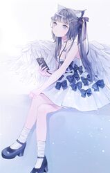  1girl angel_wings animal_ear_fluff animal_ears bug butterfly cat_ears cellphone dress grey_eyes grey_hair hair_ornament highres jewelry long_hair nabi_(uz02) necklace original phone ribbon shoes smartphone white_dress white_wings wings 