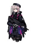  1girl absurdres assault_rifle battle_rifle belt belt_pouch beret black_bag black_coat black_headwear black_jacket black_pantyhose black_skirt blue_eyes closed_mouth coat desert_tech_mdr expressionless girls_frontline gloves glowstick grey_gloves grey_hair gun harness hat heterochromia highres holding holding_gun holding_weapon hood hood_down hooded_jacket jacket load_bearing_vest long_hair long_sleeves looking_at_viewer mdr_(girls&#039;_frontline) military multicolored_hair name_connection pantyhose pink_eyes pink_hair pouch rifle sharpy_(kdy000913) side_ponytail skirt solo standing strap streaked_hair tactical_clothes thigh_strap trigger_discipline weapon white_background 