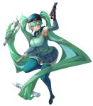  1girl alternate_costume arm_up armpits blue_sailor_collar blue_skirt blush boots breasts club_(weapon) commission eyewear_on_head full_body goggles green_hair green_shirt green_thighhighs grin gun hair_between_eyes hatsune_miku highres holding holding_gun holding_weapon kawasuru_(15miclon) large_breasts leg_up long_hair miniskirt open_mouth orange_eyes pixiv_commission pleated_skirt pp-2000 raised_eyebrows red-tinted_eyewear sailor_collar shirt sidelocks simple_background skirt sleeveless sleeveless_shirt smile solo submachine_gun teeth thigh-highs thigh_boots tinted_eyewear twintails very_long_hair vocaloid weapon white_background 