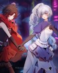  2girls akane031 artist_name blue_dress blue_eyes blush braid braided_ponytail cape dress gradient_hair highres holding_hands long_hair multicolored_hair multiple_girls red_cape redhead ruby_rose rwby scar scar_across_eye short_hair walking weiss_schnee white_hair yuri 