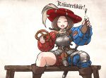  1girl armor bench blue_eyes boobplate boots breastplate brown_footwear brown_hair codpiece flask food hat ironlily landsknecht landsknecht_(ironlily) long_sleeves original pretzel puffy_long_sleeves puffy_sleeves sitting solo wooden_bench 