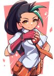  &gt;:) 1girl black_hair breasts closed_mouth commentary drawstring elbow_gloves fingerless_gloves forehead gloves green_hair hand_on_own_hip hand_up highres holding holding_poke_ball long_hair looking_at_viewer multicolored_hair necktie nemona_(pokemon) orange_eyes orange_necktie orange_shorts pantyhose pink_background poke_ball poke_ball_(basic) pokemon pokemon_(game) pokemon_sv ponytail red_gloves shirt short_shorts short_sleeves shorts single_glove small_breasts smile solo streaked_hair striped striped_shorts thick_eyebrows two-tone_background umenodo v-shaped_eyebrows vertical-striped_shorts vertical_stripes white_background white_shirt 