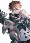 1boy artist_name belt brown_belt brown_hair darkavey english_commentary glasses honkai:_star_rail honkai_(series) looking_at_viewer male_focus multicolored_hair parted_bangs scarf shirt short_hair simple_background solo streaked_hair welt_yang white_background white_shirt 