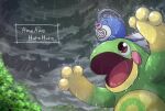  brown_eyes clouds commentary_request evolutionary_line kotobukkii_(yt_lvlv) no_humans on_head open_mouth outdoors pokemon pokemon_(creature) pokemon_on_head politoed poliwag rain sky tongue 