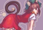  1girl brown_hair cat_tail chen commentary_request dress flat_chest from_side gold_trim grey_background kosaka_sakasa medium_hair multiple_tails nekomata petticoat red_dress short_sleeves simple_background solo tail touhou two_tails violet_eyes 