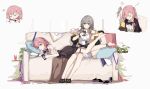  2girls ? absurdres asta_(honkai:_star_rail) bare_shoulders barefoot black_bow black_bowtie black_footwear black_skirt bow bowtie braid center_frills closed_mouth collared_shirt couch frills full_body hair_ornament high_heels highres honkai:_star_rail honkai_(series) id_card leg_up long_sleeves looking_at_phone lying medium_hair multiple_girls multiple_views on_couch on_stomach open_mouth peppy_(honkai:_star_rail) phone pink_hair shirt side_ponytail simple_background skirt sleeping sleeveless sleeveless_shirt speech_bubble stelle_(honkai:_star_rail) thigh_strap trailblazer_(honkai:_star_rail) white_background white_shirt wide_sleeves yajuu yellow_eyes zzz 