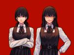  2girls absurdres belt belt_buckle black_belt black_dress black_eyes black_hair black_ribbon buckle chainsaw_man closed_mouth collared_shirt commentary commission cross_scar crossed_arms dress english_commentary fourth_east_high_school_uniform hand_on_own_hip highres long_hair long_sleeves looking_at_viewer low_twintails mitaka_asa multiple_girls neck_ribbon pinafore_dress red_background red_eyes ribbon ringed_eyes scar scar_on_face school_uniform sethkiel shirt simple_background sleeveless sleeveless_dress smile twintails white_shirt yoru_(chainsaw_man) 