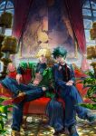  2boys abs absurdres alternate_costume aqua_eyes arm_rest bakugou_katsuki belt belt_buckle blonde_hair blue_pants blue_shirt blurry blurry_foreground boku_no_hero_academia buckle buttons candelabra candlestand check_clothing clip_studio_paint_(medium) clothing_request colored_shoe_soles commentary_request couch criss-cross_halter cropped_shirt cross-laced_footwear cushion depth_of_field dress_shoes fashion figure_four_sitting film_grain freckles full_body gold_necklace green_hair hair_between_eyes halterneck hand_in_pocket hand_on_hand hand_on_own_knee hand_up highres indoors jacket jewelry kawaharaaisu kikkoumon lapels leaf leaning_back light lion looking_at_viewer making-of_available male_focus midoriya_izuku midriff multiple_boys multiple_necklaces multiple_rings navel necklace notched_lapels on_couch open_clothes open_jacket open_mouth own_hands_together painting_(object) pants partial_commentary pendant photoshop_(medium) picture_(object) picture_frame plant puffy_pants rabbit red_curtains red_eyes ring scowl shadow shirt shoe_soles shoes short_hair shrug_(clothing) side-by-side sitting sleeve_cuffs smile sneakers spiky_hair stomach teeth thumb_ring toned toned_male turning_head turtleneck unmoving_pattern upper_teeth_only v_arms white_belt window yellow_footwear 