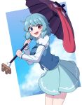  1girl :d ahoge arched_back blue_eyes blue_hair blue_skirt blue_sky blue_vest blush border breasts clouds cowboy_shot cowlick from_side geta heterochromia highres hihi_(cvwv4322) holding holding_umbrella juliet_sleeves karakasa_obake leaning_forward light_blush long_sleeves looking_at_viewer medium_breasts open_mouth pleated_skirt puffy_sleeves purple_umbrella red_eyes shirt short_hair side_ahoge skirt sky smile solo tatara_kogasa thighs tongue touhou tsukumogami umbrella vest white_border white_shirt 