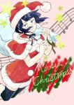  1girl audio_jack bell black_choker black_eyes black_hair black_thighhighs blush boku_no_hero_academia choker dated earplugs eyelashes hat holding holding_sack jingle_bell jirou_kyouka light_smile long_earlobes looking_at_viewer merry_christmas noriko_mrsm sack santa_costume santa_hat sheet_music short_hair simple_background star_(symbol) thigh-highs 