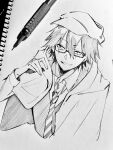  1boy absurdres art_tools_in_frame bishounen black_hair character_request copyright_request glasses hand_up hat highres male_focus monochrome necktie nepo_(neponepo216) paper pen short_hair smile solo tagme traditional_media upper_body 