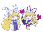  2girls ? ?? animal_ears bambootea blonde_hair bow confused fox fox_ears hair_bow hand_fan hat hat_ribbon holding holding_fan long_hair mob_cap multiple_girls multiple_tails portal_(object) red_bow red_ribbon ribbon smile tail touhou white_background white_headwear wide_sleeves yakumo_ran yakumo_yukari 