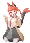  1girl :3 :d absurdres alternate_costume animal_ear_fluff animal_ears belt blunt_bangs blush bow braid breasts cat_ears cat_tail chenge7338 commentary_request contrapposto cowboy_shot cropped_legs extra_ears fang green_bow hair_bow hair_ribbon hands_up highres jacket kaenbyou_rin large_breasts long_hair looking_at_viewer multiple_tails nail_polish necktie nekomata open_mouth paw_pose pointy_ears red_eyes red_nails red_necktie redhead ribbon slit_pupils smile solo tail thigh-highs touhou tress_ribbon twin_braids two_tails white_thighhighs wing_collar 