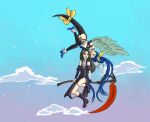  1girl 1other angel_wings blue_hair couple couple_in_love dizzy_(guilty_gear) face-to-face flying guilty_gear guilty_gear_strive guilty_gear_xrd happy long_hair midair red_eyes smile tail tesdizzy testament_(guilty_gear) upside-down wings 