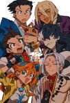  1girl 5boys ace_attorney apollo_justice apollo_justice:_ace_attorney athena_cykes black_gloves black_hair blue_eyes brown_eyes brown_hair closed_eyes dark-skinned_male dark_skin earrings gloves grgrton hair_between_eyes highres hoop_earrings jacket jewelry klavier_gavin long_hair multicolored_hair multiple_boys nahyuta_sahdmadhi necktie open_mouth orange_hair partially_fingerless_gloves phoenix_wright ponytail red_necktie ribbon shirt simon_blackquill simple_background streaked_hair sweat vest white_background white_shirt 