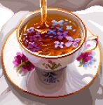  afloat black_tea blue_flower commentary cup english_commentary flower from_above jubilee_(8pxl) light no_humans original petals photo-referenced pink_flower pixel_art pouring purple_flower saucer shadow still_life tea teacup 