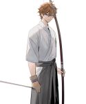  1boy alternate_costume arrow_(projectile) black_hakama blue_eyes bow_(weapon) brown_gloves closed_mouth genshin_impact gloves hair_between_eyes hakama holding holding_arrow holding_bow_(weapon) holding_weapon japanese_clothes looking_at_viewer male_focus orange_hair partially_fingerless_gloves simple_background single_glove solo tartaglia_(genshin_impact) umnume weapon white_background yugake yumi_(bow) 