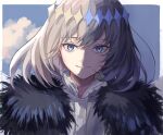  1boy arthropod_boy blue_eyes cape cloak close-up clouds collar crown diamond_hairband dragonfly_wings fate/grand_order fate_(series) frilled_collar frills fur-trimmed_cape fur-trimmed_cloak fur_trim grey_hair highres insect_wings medium_hair oberon_(fate) portrait shadow sky smile solo touchika white_hair wings 