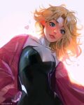  1girl artist_name blonde_hair blue_eyes commentary english_commentary heart highres looking_at_viewer lotus_bubble marvel messy_hair parted_lips simple_background solo spider-gwen spider-man:_across_the_spider-verse spider-man_(series) twitter_username white_background 