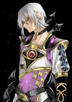  1boy asymmetrical_clothes black_background choker closed_mouth fire_emblem fire_emblem_engage hair_between_eyes hair_ornament highres long_sleeves looking_to_the_side male_focus omlililimo rafal_(fire_emblem) red_eyes short_hair solo upper_body white_hair 