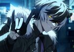  1boy animal_ears black_coat black_gloves black_hair black_shirt blurry blurry_background building coat collared_shirt fox_shadow_puppet fur-trimmed_coat fur_trim gloves glowing glowing_eyes grin hair_between_eyes half_gloves highres holostars jackal_boy jackal_ears kageyama_shien light_particles looking_at_viewer male_focus mometsu_033 multicolored_hair necktie night open_clothes open_coat pale_skin shirt short_hair smile solo two-tone_hair upper_body virtual_youtuber white_hair white_necktie yellow_eyes 